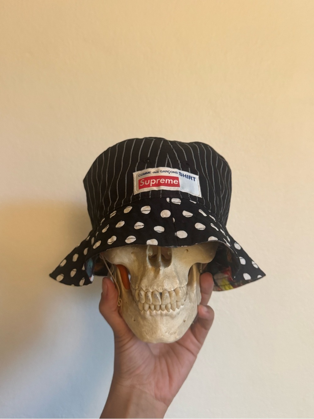 Supreme Black Pinstripe & White Polka Dot Bucket Hat